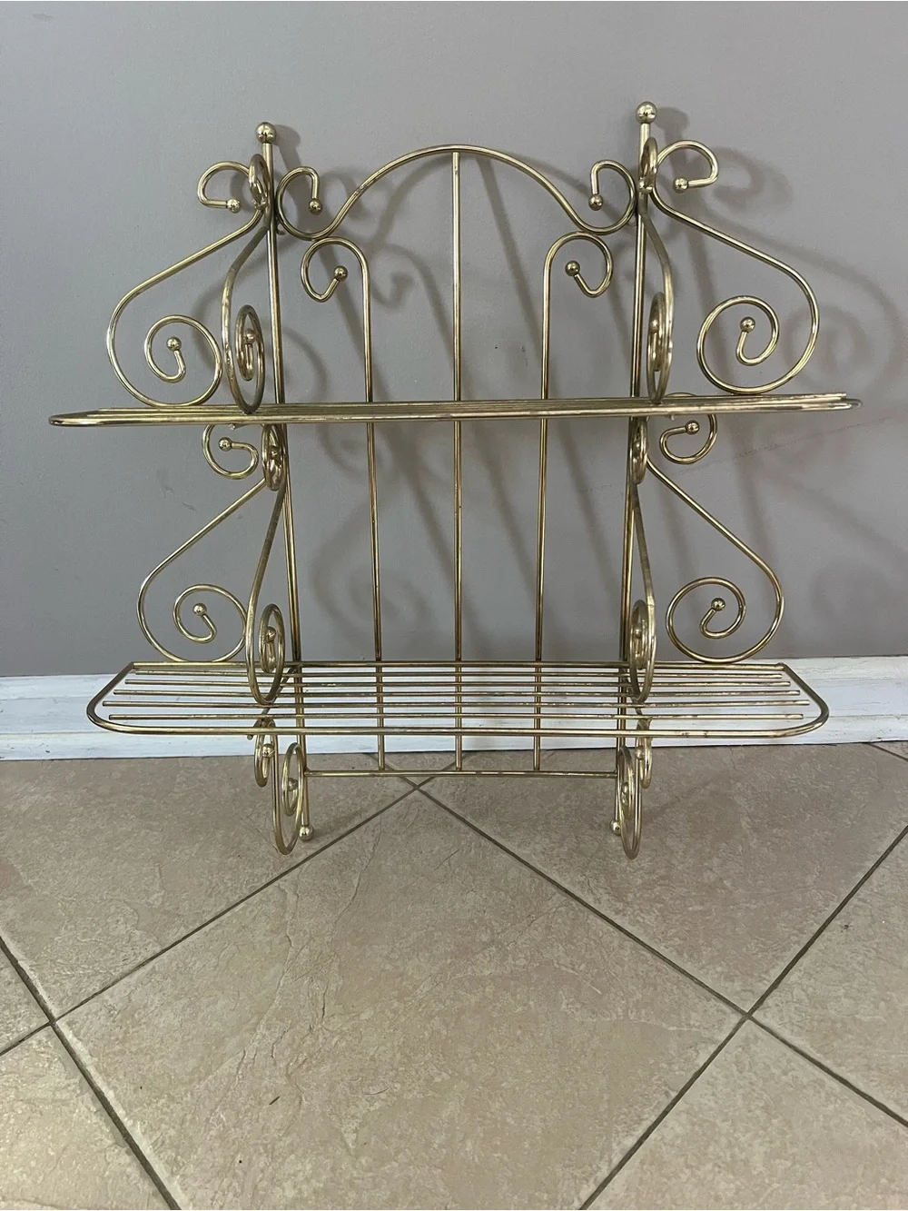 Vintage Brass 2-Tier Wall Shelf / Etagere with Scrollwork
